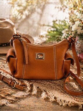 Dooney & Bourke Tan Authentic Leather Shoulder Bag - Crossbody with Side Pockets